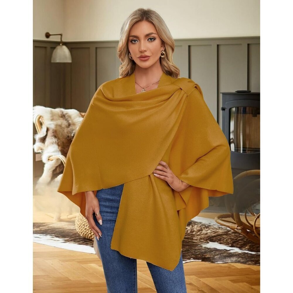 Women 1-ginger Yellow Cross Front Poncho Sweater Wrap Knitted Elegant Shawls Cap - Picture 2 of 5